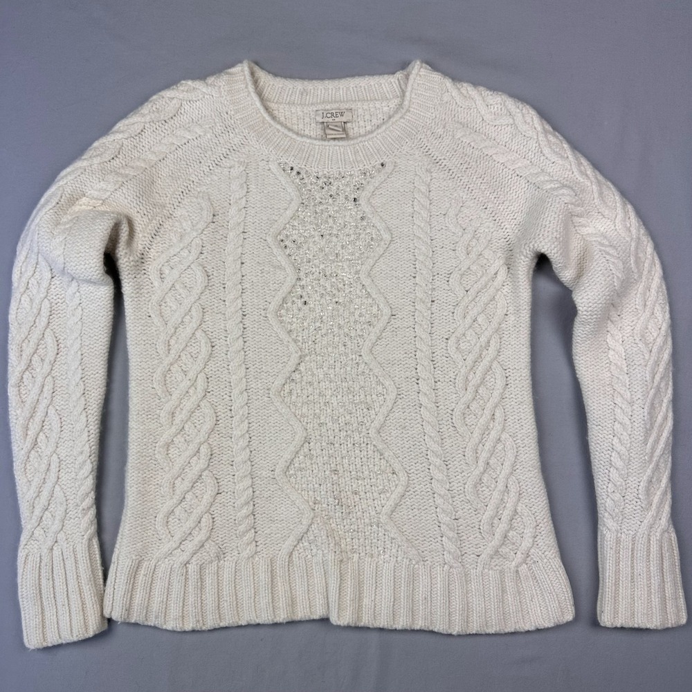 J Crew Women XS Ivory Cable‎ Knit Sweater Beaded Fisherman